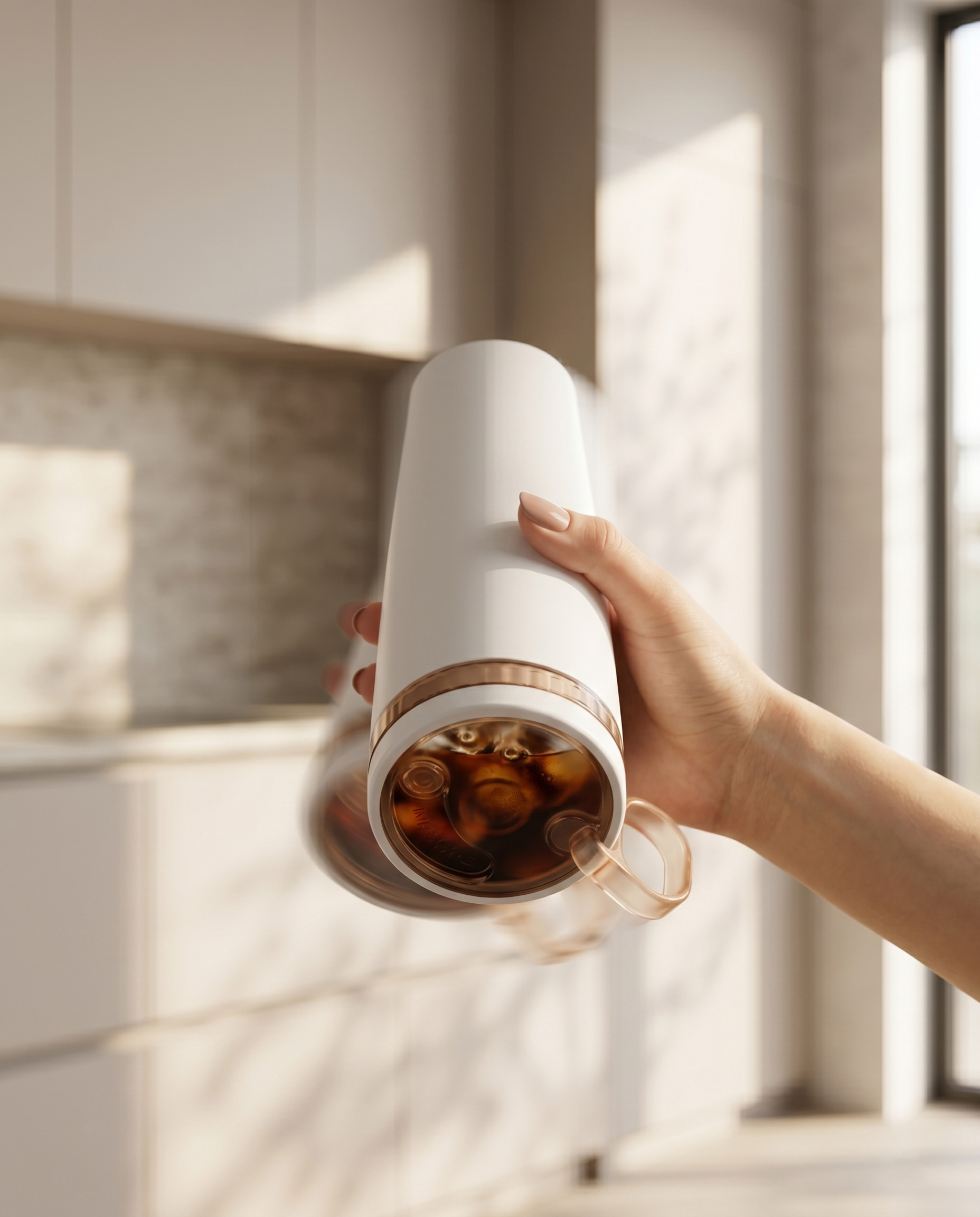 A filled Kisskind tumbler held upside down without leaking