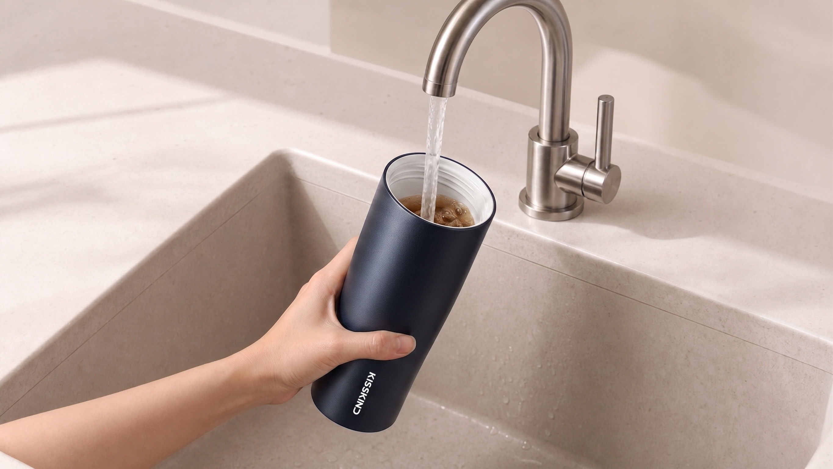Kisskind tumbler being rinsed clean under running water
